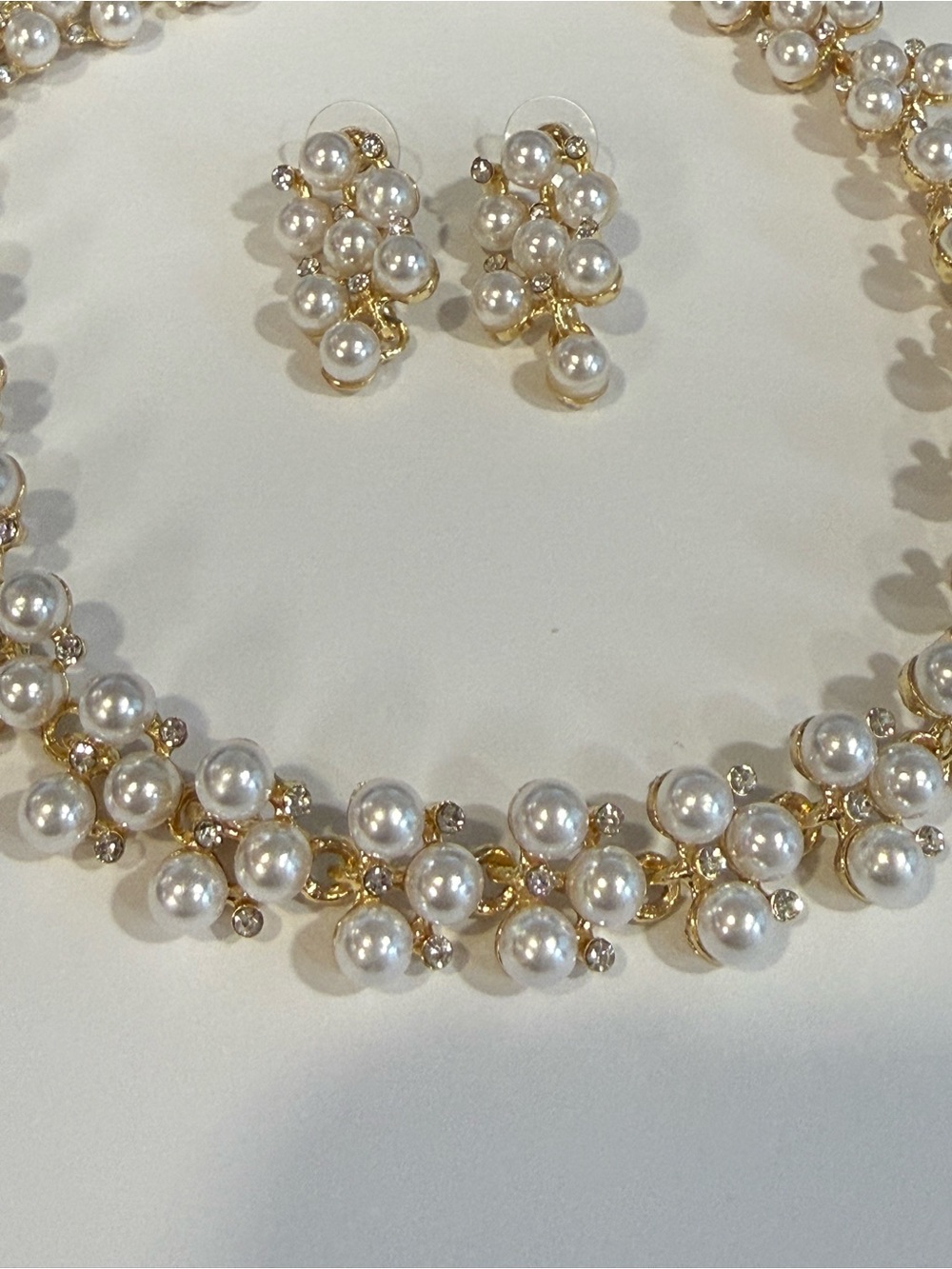 Gold Necklace with White Pearl Cluster and Crystal Rhinestones/ Earring Set NWOT